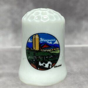 Wisconsin Souvenir Porcelain Thimble With Farm Scene Design Sewing Collectible